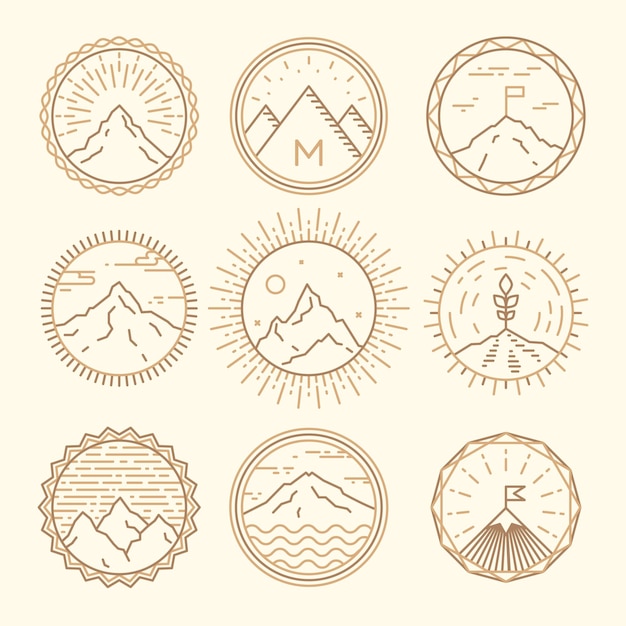 Set of mountains icons, logotypes, monograms. Concept design elements, vector illustration