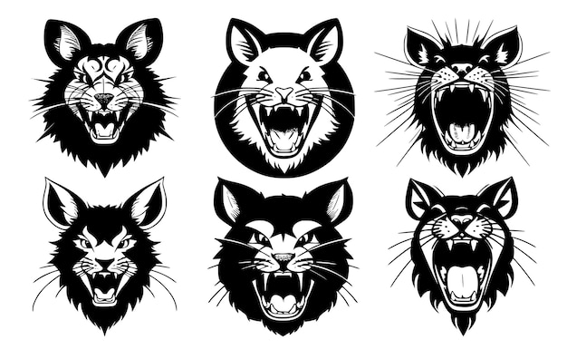 Vector set of mouse heads with open mouth and bared fangs with different angry expressions of the muzzle symbols for tattoo emblem or logo isolated on a white background