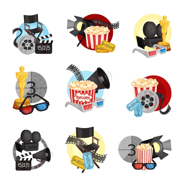 Set of movie attributes Popcorn movie camera film strip directors chair Oscar figurine Vector illustration on a white background