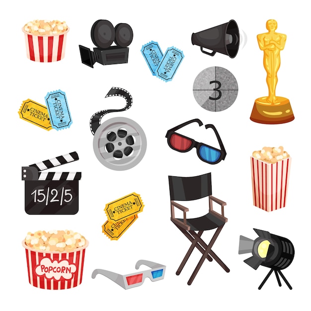 Vector set of movie items isolated on white