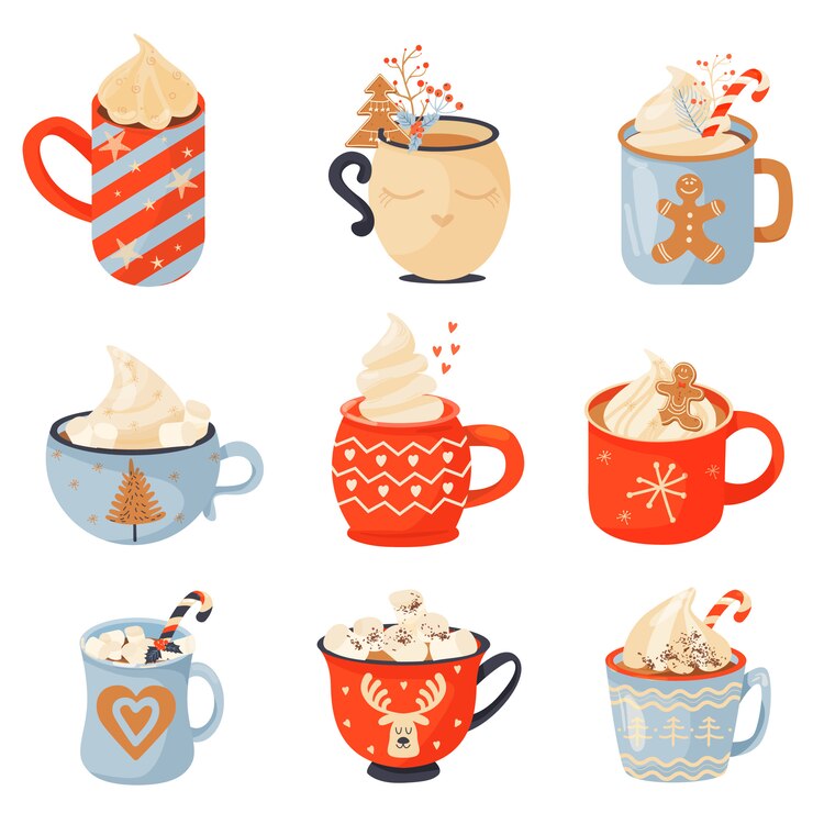 Vector set of mugs of cacao.