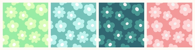 Set of Multi Color Flowers Backgrounds, in Flat Design, Seamless Editable Vector Patterns.