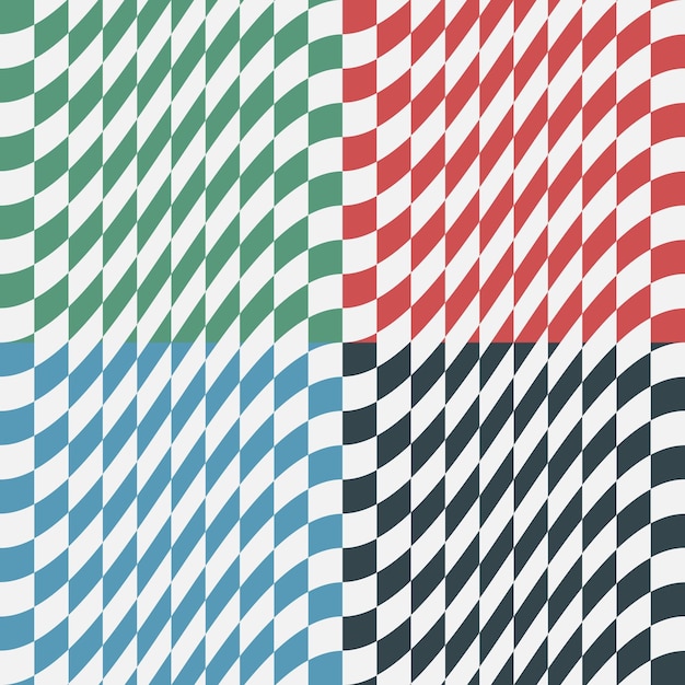 Set of Multi Color Warped Checkers Background Designs. Four Square Checkered Seamless Patterns