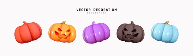 Set of multi-colored pumpkins for Halloween. Pumpkin with scary, evil emotions on their faces. Creative concept idea. Realistic 3d design. Traditional element of decor for holiday. Vector illustration