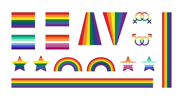 Set of multi colored rainbow elements For LGBT Pride Month Rainbow colored illustrations Colorful elements