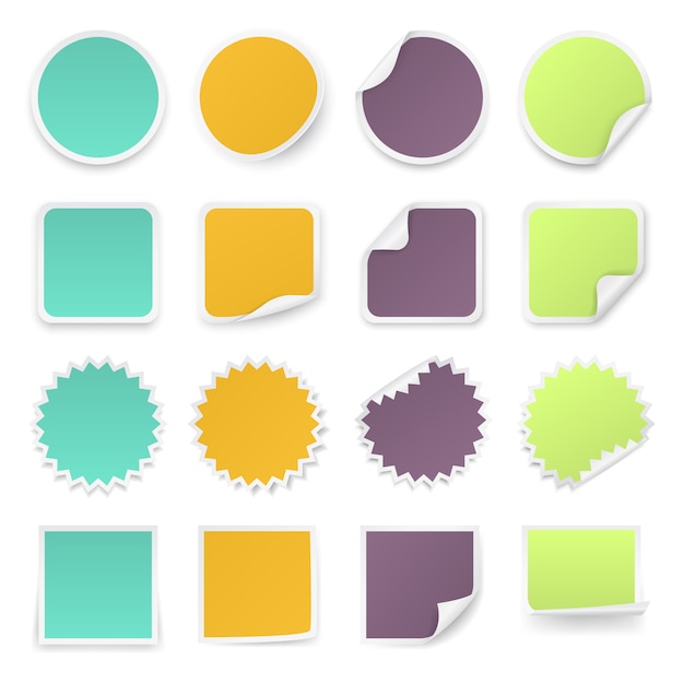 Vector set of multi-colours stickers with rounded corners in different shapes.