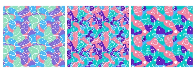 Set of multicolor abstract seamless pattern vibrant shapes and geometric dot patterns Trendy design