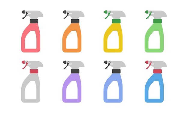 Set multicolor sprayer bottle flat icon. Spray wash detergent vector. Sanitary bottle clipart logo