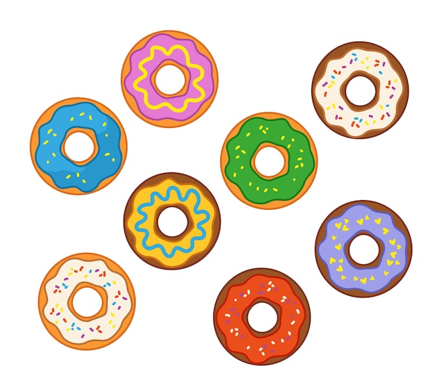 A set of multicolored appetizing donuts with icing vector illustration of baking in cartoon style