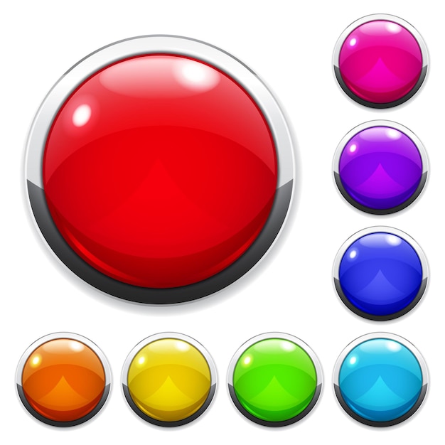 Vector set of multicolored big buttons made of glass or plastic with metallic borders