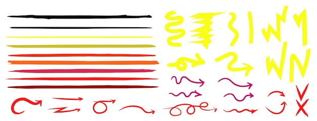 Vector set of multicolored bright brushes and elements for notes highlighting and underlining in text