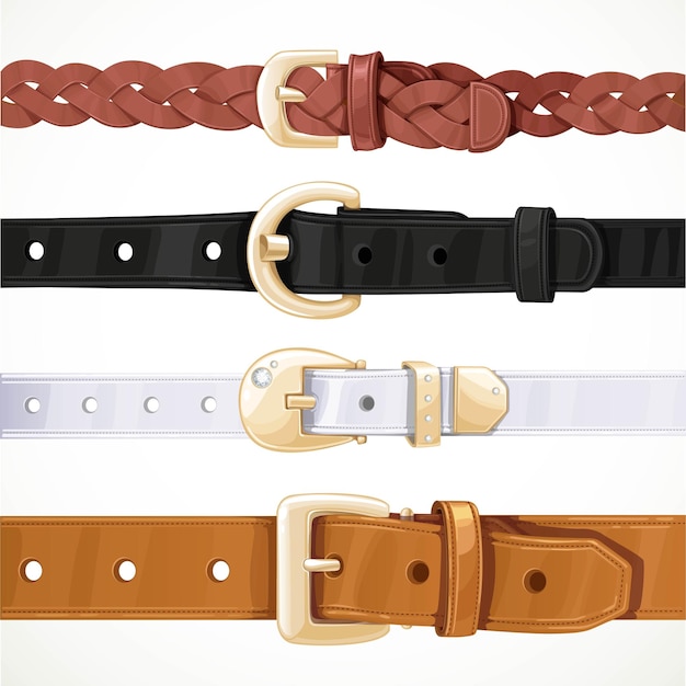 set of multicolored buttoned to buckle belts isolated on white b