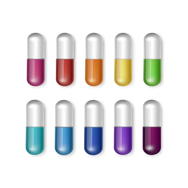 Set of multicolored capsules isolated on white background