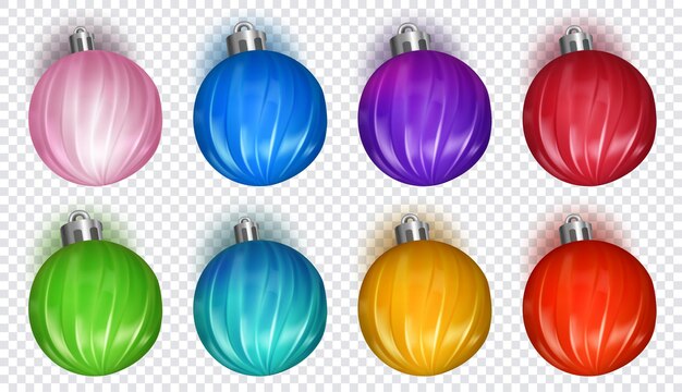 Vector set of multicolored christmas balls with soft shadows, isolated on transparent background