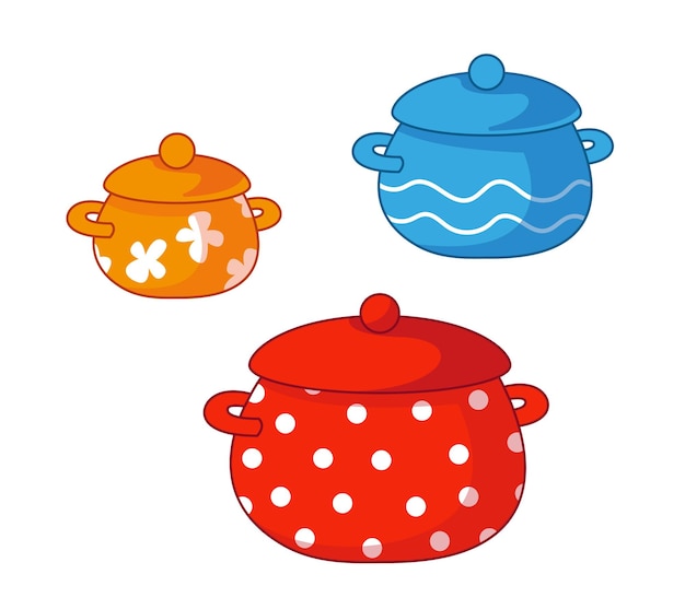 A set multicolored cooking pots Vector illustration in cartoon childish style Isolated fun clipart