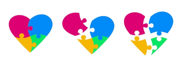 Set di pezzi del puzzle a forma di cuore multicolore puzzle puzzle su sfondo bianco