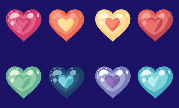 Set of multicolored hearts on black background vector images pop art several hearts many heart