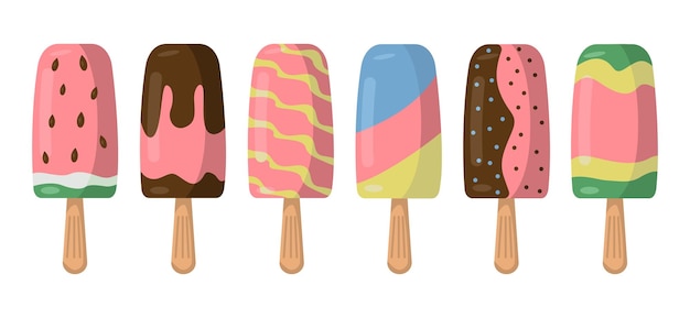 A set of multicolored ice cream on a wooden stick in flat style Vector image