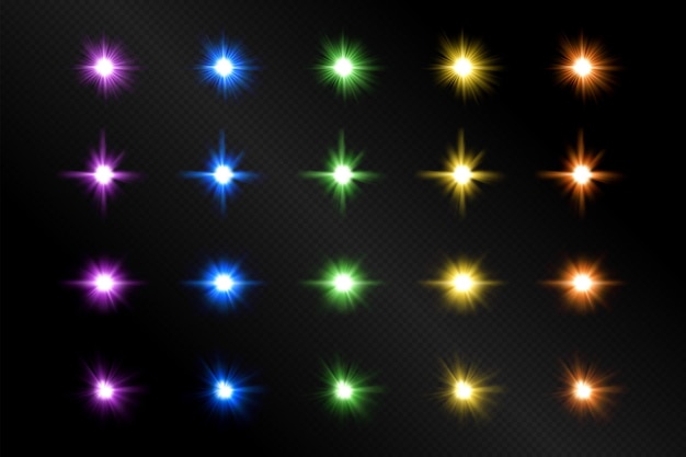 Vettore set di esplosioni di luce multicolore flash realistici colorati e abbagliamento modello vettoriale su sfondo trasparente raggi brillanti brillanti illustrazione di splendore di esplosione