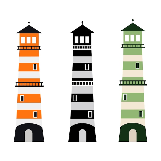 Set of multicolored lighthouse navigation object towers template vector illustration isolated on white background beacon or beacon