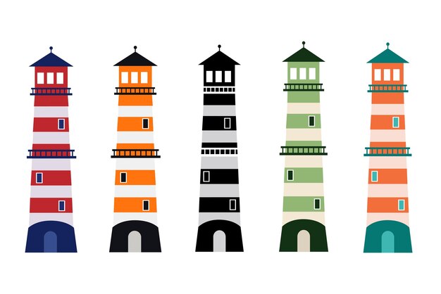 Set of multicolored lighthouse navigation object towers template vector illustration isolated on white background Beacon or beacon