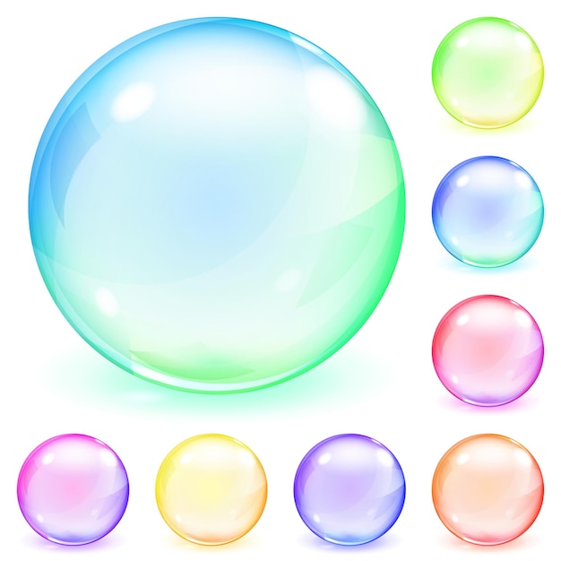 Set of multicolored opaque glass spheres with glares and shadows
