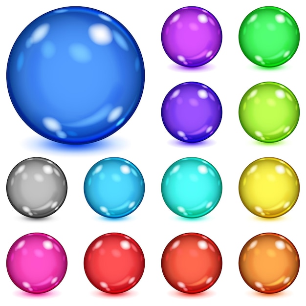 Vector set of multicolored opaque spheres with glares and shadows