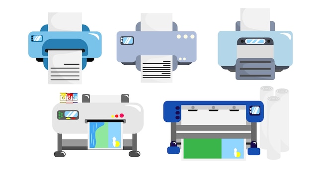 Set of multicolored printers cartoon style Vector illustration of old and new printers for printing text and pictures on white background