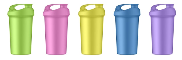 Set of multicolored sport shakers or bottles for water Protein drink Green pink yellow blue purple