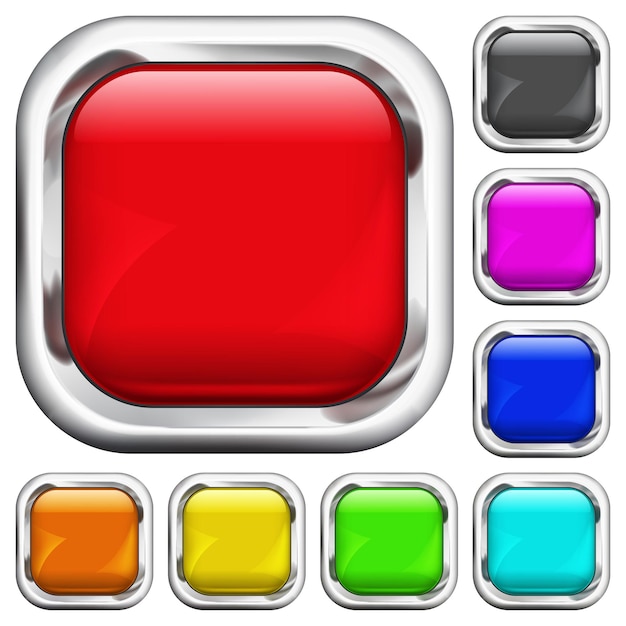 Set of multicolored square buttons with metallic borders