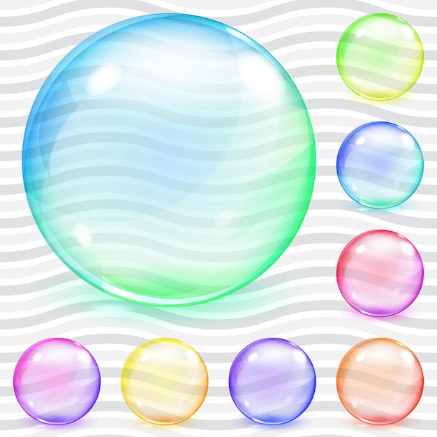 Set of multicolored transparent glass spheres with glares and shadows