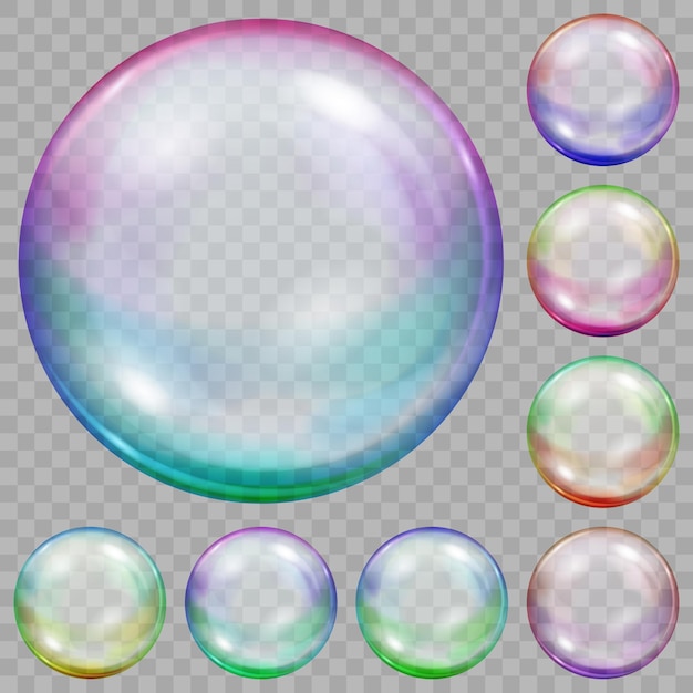 Vector set of multicolored transparent soap bubbles with glares on transparent background