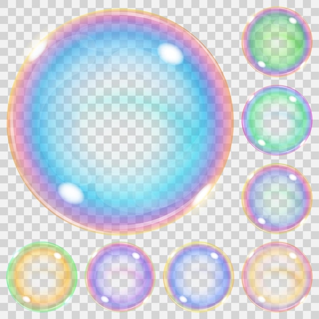Set of multicolored transparent soap bubbles with glares. .