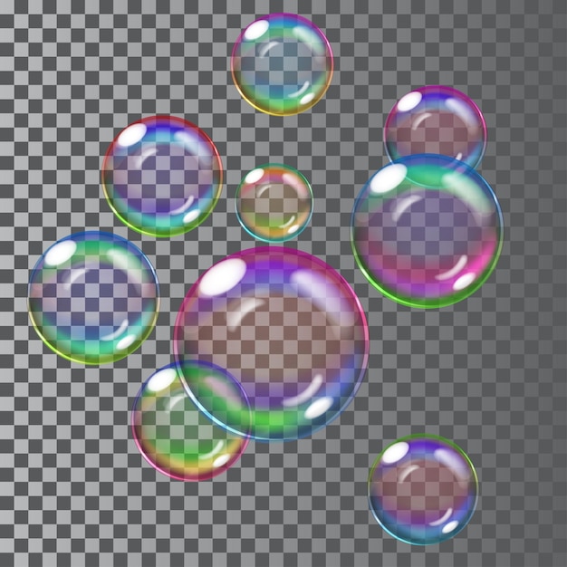 Set of multicolored transparent soap bubbles.