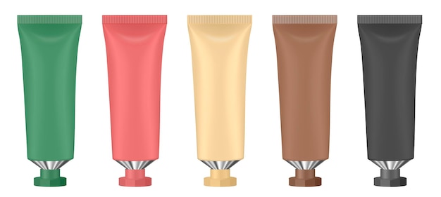 Vector set of multicolored tubes 3d mockup green red beige brown and black colors hand cream