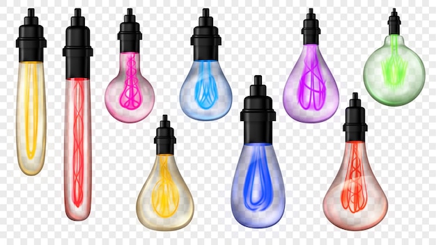 다양한 모양과 크기의 여러 가지 빛깔의 빈티지 백열 램프 세트 램프의 유리 전구는 밝은 배경에서 사용하기 위해 벡터 형식으로 반투명합니다.