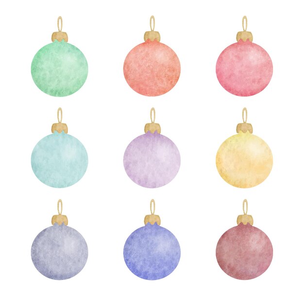 Set of multicolored watercolor Christmas balls with golden rims