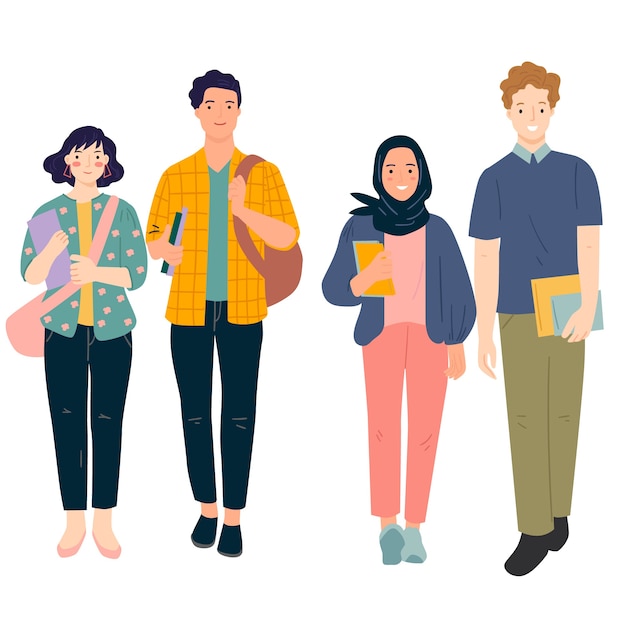 Vector set of multicultural students together illustration