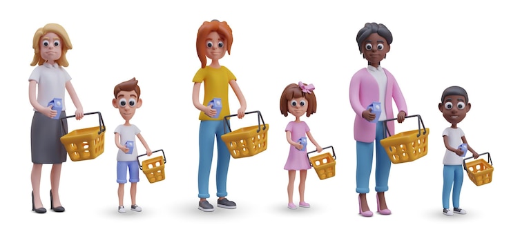 Vector set of multiethnic children and adult shoppers with shopping baskets