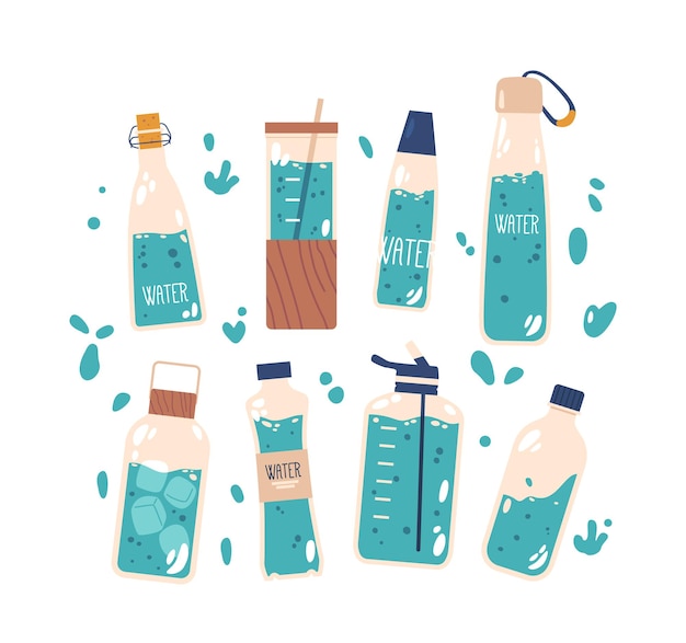 Vector set of multiple water bottles in various sizes perfect for staying hydrated onthego durable reusable and convenient for a variety of activities like fitness or sport cartoon vector illustration