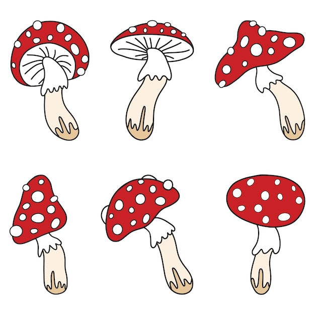 Набор векторных иллюстраций грибных мухоморов в мультяшном стиле