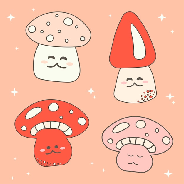 Set of mushrooms with funny faces in retro hippie style