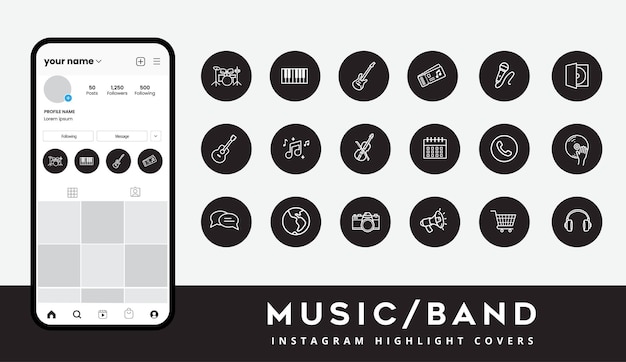 Set di icone di musica e band per le copertine dei momenti salienti della storia di instagram