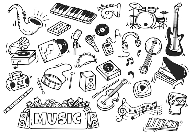 Vettore set di strumenti musicali in stile doodle