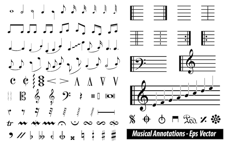 Vector set of musical annotations or music note elements concept.