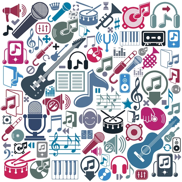 Set of musical elements, vector colorful isolated musical icons.