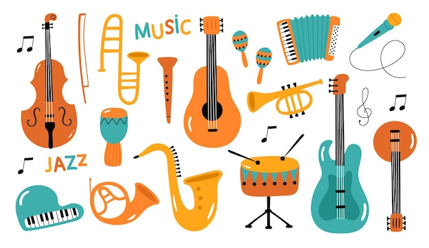 set of musical instruments in cartoon style isolated on white background vector illustration