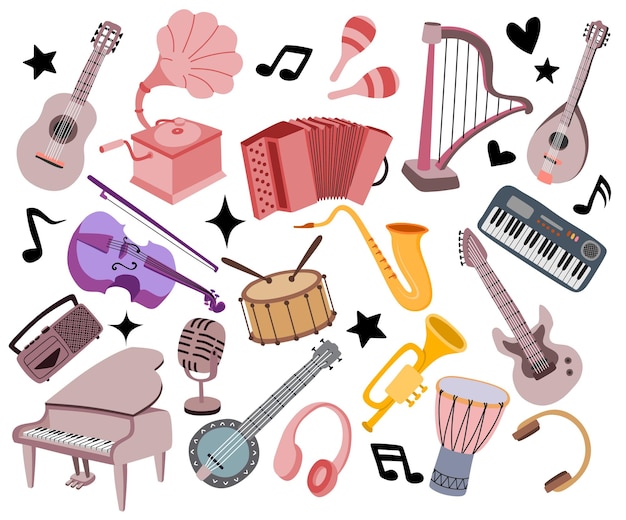 Set of musical instruments in cartoon style