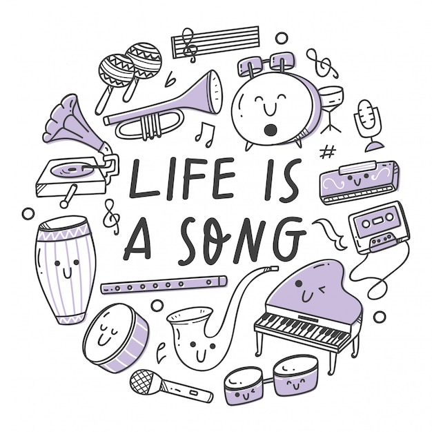 Vector set of musical instruments in kawaii doodle style