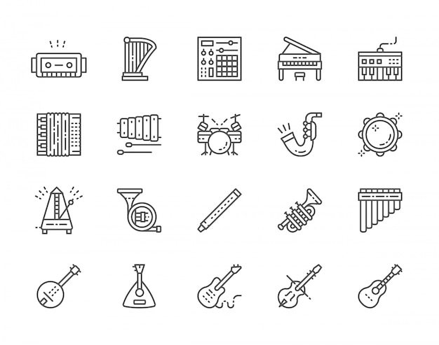 Set of musical instruments line icons. piano, accordion, violin, guitar and more